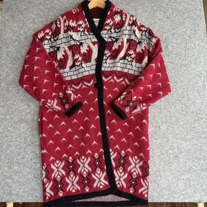 Vtg. Duster Sweater Coat Womens L Red Wool Blend Long Cardigan Swirl Print